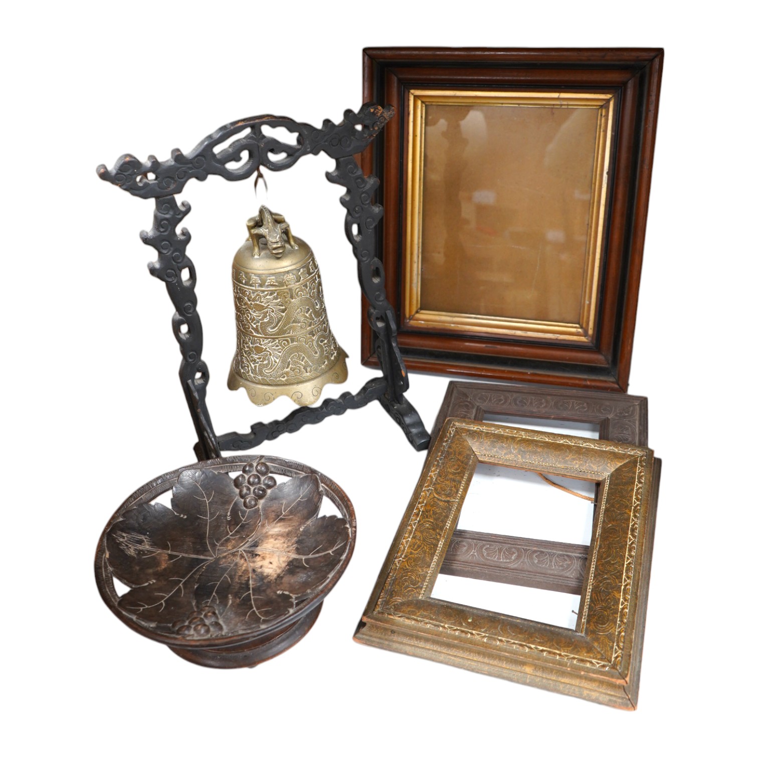 Sundry items comprising a Chinese bell on stand, a Black Forest musical dish and three wooden frames. Condition - poor to fair